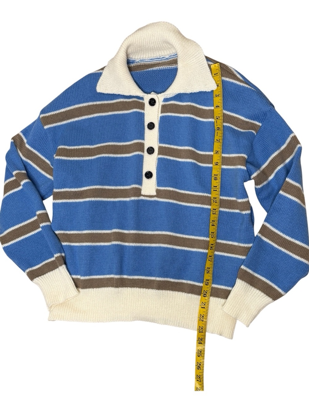 Boutique Blue Striped Collared Knit Sweater Women's S Oversized Polo Pullover - Picture 9 of 9